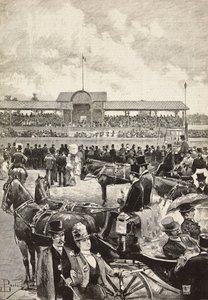 La tribuna, carreras de caballos en Turín, Italia, grabado a partir de un dibujo de Dante Paolocci, de L