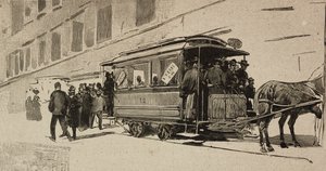 Tranvía dirigido a San Pedro con motivo del Jubileo Episcopal de León XIII, Roma, Italia, grabado según dibujo de Dante Paolocci, de L