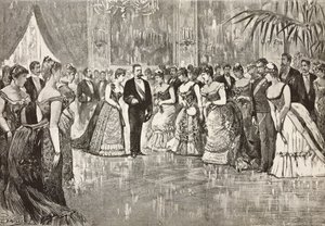 Umberto I (1844-1900), rey de Italia, y su esposa Margarita de Saboya (1851-1926) en un baile en el palacio del Quirinal, Roma, Italia, grabado a partir de un dibujo de Dante Paolocci, de L