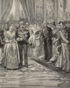 Umberto I y Margarita de Saboya en el concierto con motivo de sus bodas de plata, Palacio del Quirinal, Roma, Italia, grabado según dibujo de Dante Paolocci, de L