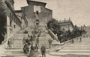 Vista de la Basílica de Santa María in Aracoeli, Roma, Italia, grabado según dibujo de Dante Paolocci, de L