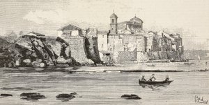 Vista de Nettuno, Italia, grabado a partir de un dibujo de Dante Paolocci, de L