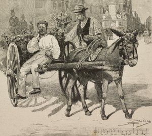 Vendedor de agua (acquarolo), vendiendo agua de la fuente Acetosa en las calles de Roma, Italia, grabado según dibujo de Dante Paolocci, de L