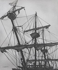 Galeón fantasmal, 2017 (lápiz, tinta sobre papel) de Darrell Windjack