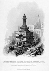 Templo antiguo y Madrassa o Colegio, Kunkhul, India, grabado por E. Finden, de 