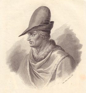 Retrato del líder militar italiano Uguccione della Faggiola (1250-1319), grabado en cobre por Caterina Piotti-Pirola de John Ward Dunsmore