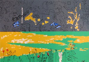 Jardín, borde oscuro con lirios azules (serigrafía) de David Alan Redpath Michie
