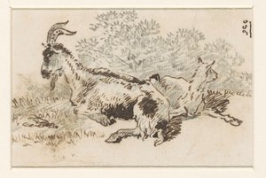 Cabra y cabrito en un paisaje de David Alphonse de Sandoz Rollin