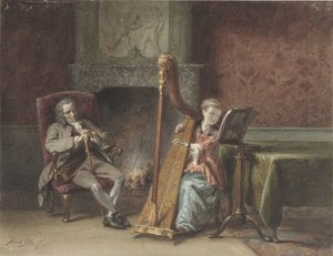 Interior con chica tocando el arpa y un caballero en una silla mirando de David Bles