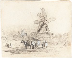 Un carro con dos caballos cerca de un molino de viento de David Cox