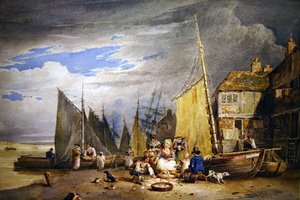 Una pescadera con sus mercancías junto al Támesis de David Cox