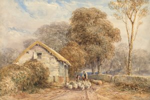 Un viajero a caballo, con un pastor y sus ovejas, junto a un establo, en un camino rural. de David Cox
