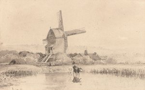 Ganado bebiendo agua junto a un molino de viento en Dulwich Common, 1811 de David Cox