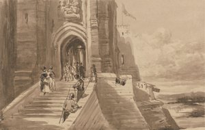Figuras en la escalera exterior de un castillo de David Cox