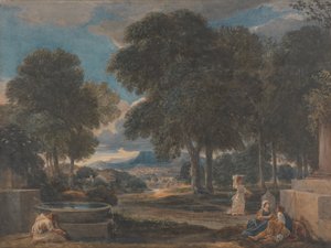 Paisaje con un hombre lavándose los pies en una fuente, según Poussin