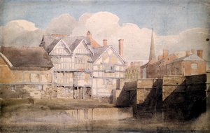 Casas antiguas y puente Wye, Hereford, 1820 de David Cox