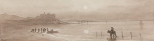 Costa marítima, puesta de sol con el castillo de Harlech de David Cox