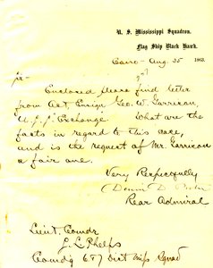 Carta de David D. Porter, USS Black Hawk, Cairo, Illinois, a Seth Ledyard Phelps, 25 de agosto de 1863 de David D. Porter