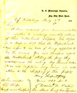 Carta de David D. Porter, U. S. S. Black Hawk, frente a Vicksburg, a Seth Ledyard Phelps, comandante del U. S. S. Eastport, 9 de julio de 1863 de David D. Porter