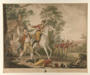 Esta representación de la acción galante de Peter Francisco con nueve de caballería de tartletons a la vista de una tropa de cuatrocientos hombres de David Edwin
