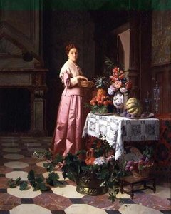 Dama con frutas y flores en una mesa