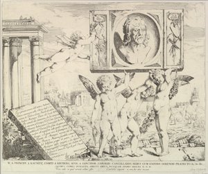 Página de título: Homenaje a Mantegna, de La Historia de los Santos Santiago y Cristóbal en el Ere..., 1776 de David Giovanni