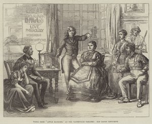 Escena de Apple Blossoms, en el Teatro Vaudeville, Old Baggs dando una conferencia