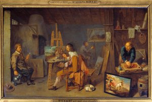 Taller del pintor con modelo posando y molinillo de colores de David III Ryckaert