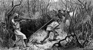 Emboscada de Manyema, África Central, grabado de Los últimos diarios de David Livingstone, por David Livingstone (1813-1873), Londres. de David Livingstone