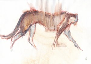 Caza de guepardos, 2019 (crayón/acuarela sobre papel) de David Mayer