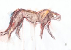 Caza de guepardos, 2019 (crayón/acuarela sobre papel) de David Mayer