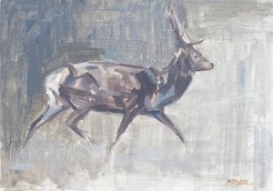 Ciervo rojo corriendo, 2023 (óleo sobre lienzo) de David Mayer