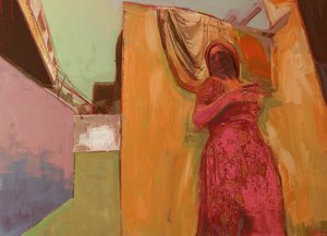 Mujer con vestido rosa de David McConochie