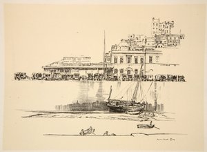 Un depósito de la Cruz Roja Británica en Boulogne, ilustración de "The Western Front", pub. by Country Life Ltd de David Muirhead Bone