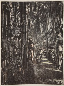 Una sala de calderas en un acorazado, ilustración de "The Western Front", pub. by Country Life Ltd