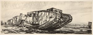 Una línea de tanques, ilustración de "The Western Front", pub. by Country Life Ltd de David Muirhead Bone