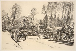 Un punto de reabastecimiento de suministros, ilustración de "The Western Front", pub. by Country Life Ltd de David Muirhead Bone