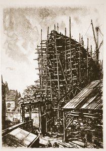Construcción de un transatlántico, ilustración de "The Western Front", pub. by Country Life Ltd de David Muirhead Bone