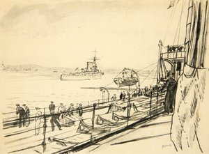 Desde la cubierta de popa de un acorazado, ilustración de "The Western Front", pub. by Country Life Ltd de David Muirhead Bone