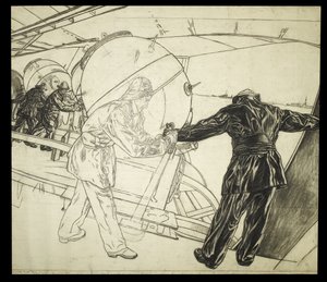 Dibujo a tamaño natural de Winter Mine-Laying off Iceland, c.1942 (carboncillo sobre papel) de David Muirhead Bone