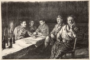 Comedor de oficiales Gordon Highlander, ilustración de "The Western Front", pub. by Country Life Ltd de David Muirhead Bone