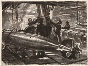 En el piso de torpedos sumergido de un acorazado, ilustración de 