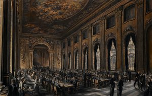 Oficiales cenando en la sala pintada (en el Hospital Real de Greenwich, Inglaterra, para retirados navales) durante la Segunda Guerra Mundial (1939-1945) de David Muirhead Bone