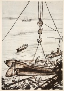 En un acorazado: bajando un bote de la grúa principal, ilustración de 