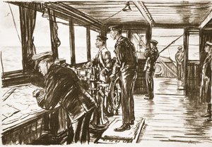 The Bridge of a Merchant Ship at Sea, ilustración de "The Western Front", pub. by Country Life Ltd de David Muirhead Bone