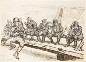 El guerrero feliz, ilustración de "The Western Front", pub. by Country Life Ltd de David Muirhead Bone