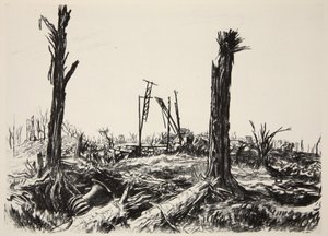 El invernadero del castillo de Deniecourt, ilustración de "The Western Front", publicado por Country Life Ltd. de David Muirhead Bone