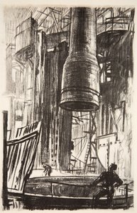 El foso del cañón: una coraza de cañón entrando en el depósito de petróleo, ilustración de "The Western Front", pub. by Country Life Ltd. de David Muirhead Bone