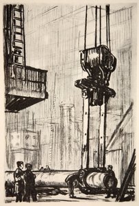 The gun pit: the great clutches of the crane, ilustración de "The Western Front", pub. by Country Life Ltd de David Muirhead Bone