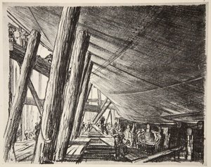Debajo de un barco, ilustración de "The Western Front", pub. by Country Life Ltd de David Muirhead Bone